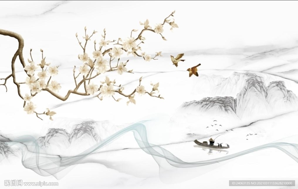 新中式抽象烟雾山水玉兰背景墙