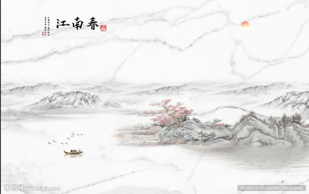 新中式水抽象山水江南春背景墙