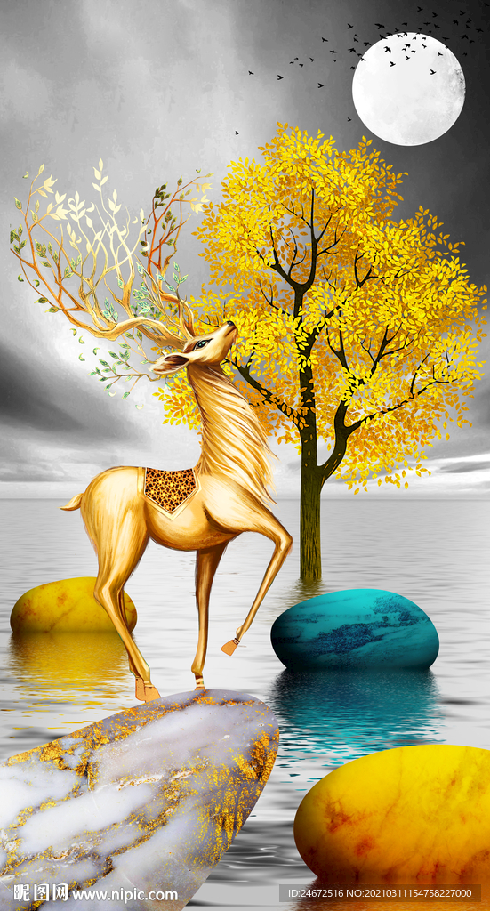 新中式金色麋鹿玄关装饰画