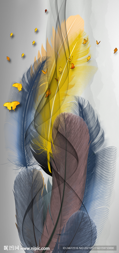 新中式水墨山水金色麋鹿羽毛线条