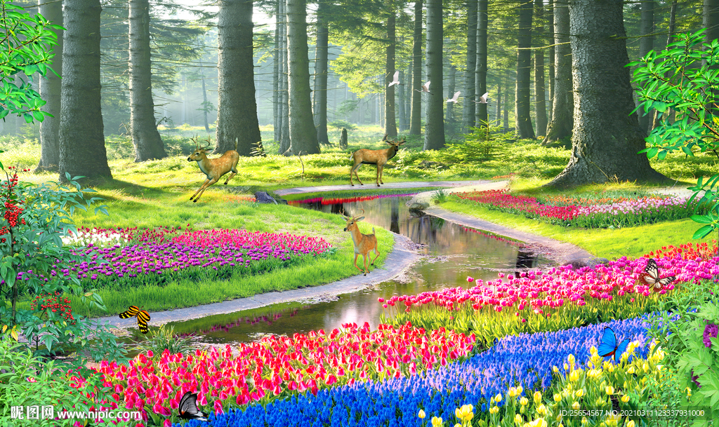 唯美郁金香花园小河树林背景墙