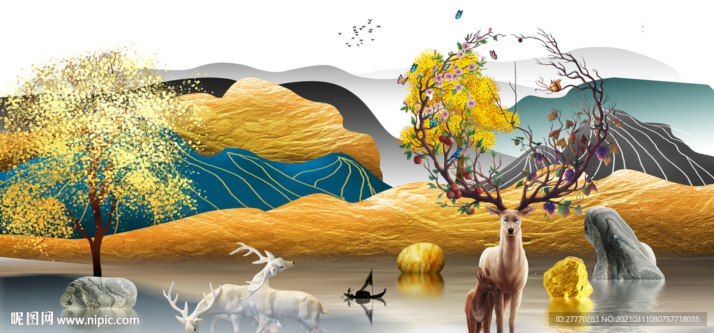 麋鹿立体山水画