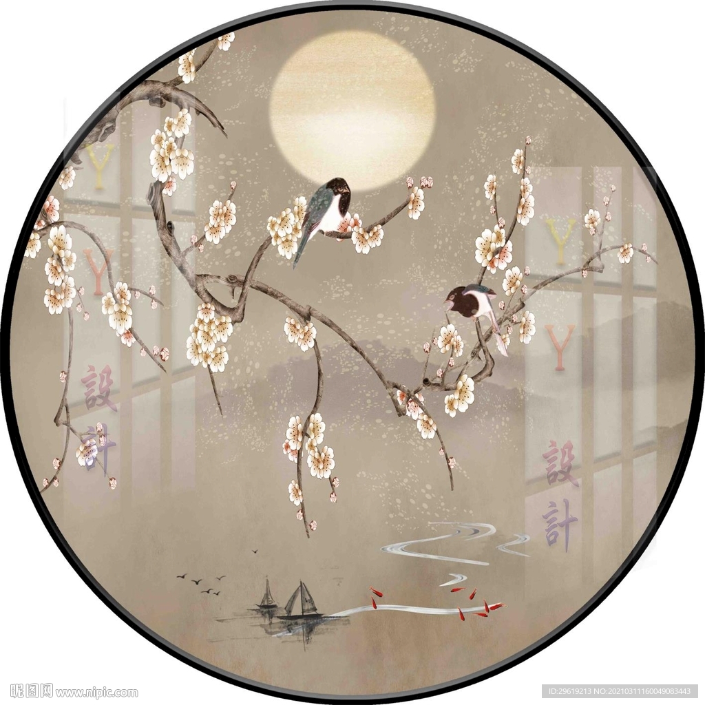 新中式手绘花鸟圆形装饰画图