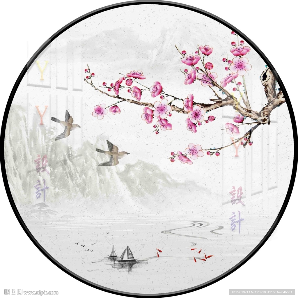 新中式花鸟圆形装饰画图
