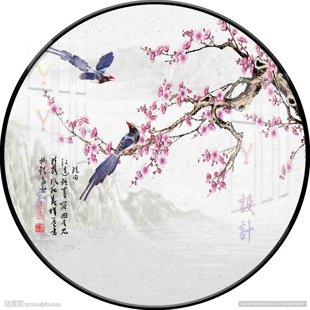 新中式花鸟圆形装饰画图