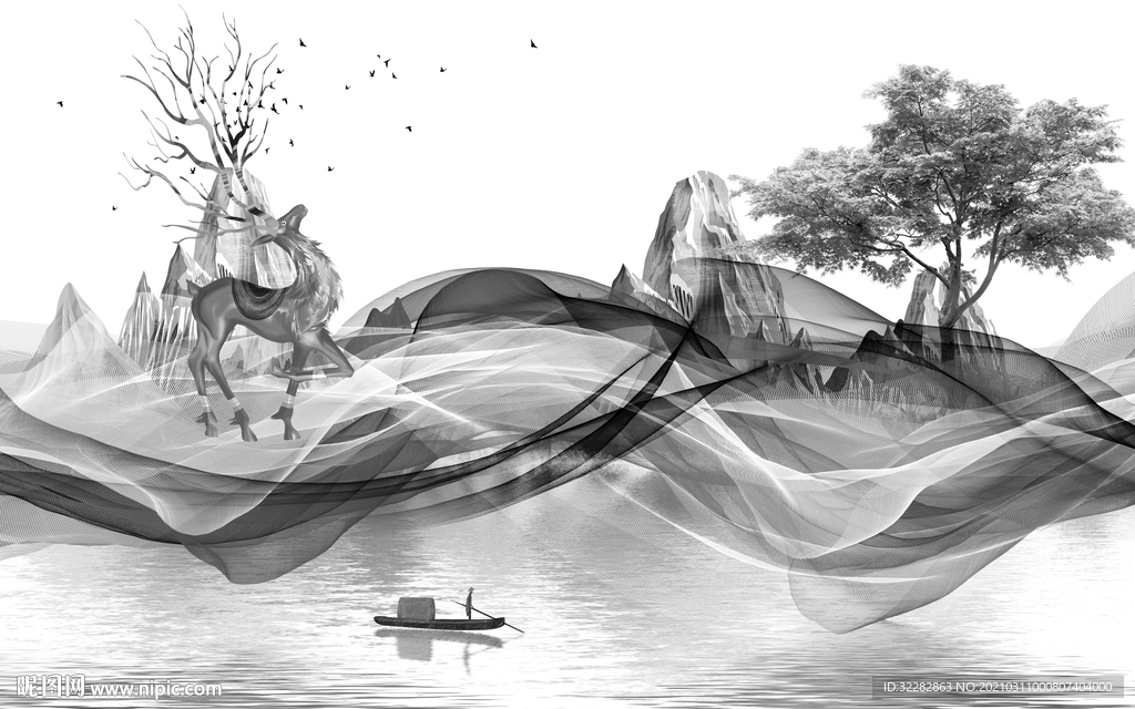 现代 人气画山水画 文件分层