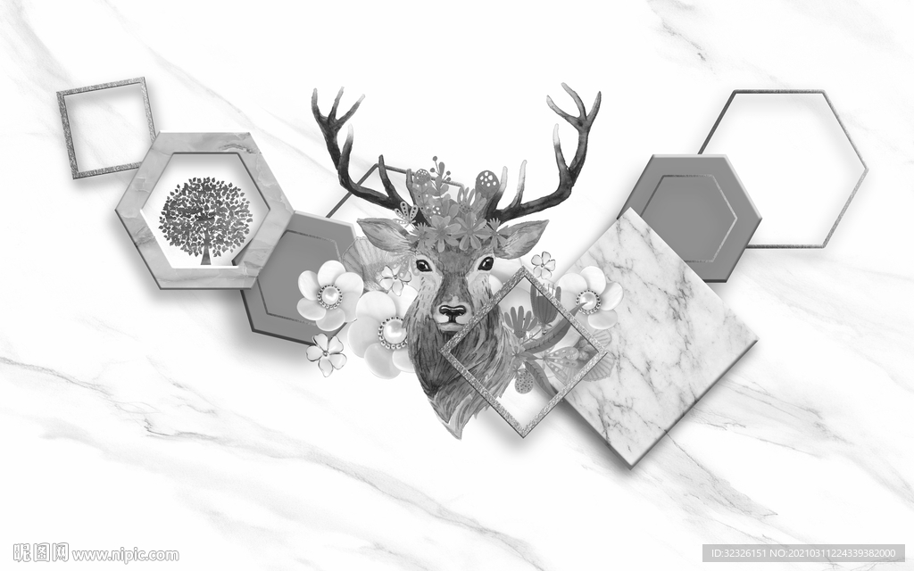 麋鹿灰色无框画 TIF分层