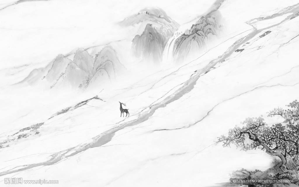 爵士白新山水中式画 TIF分层