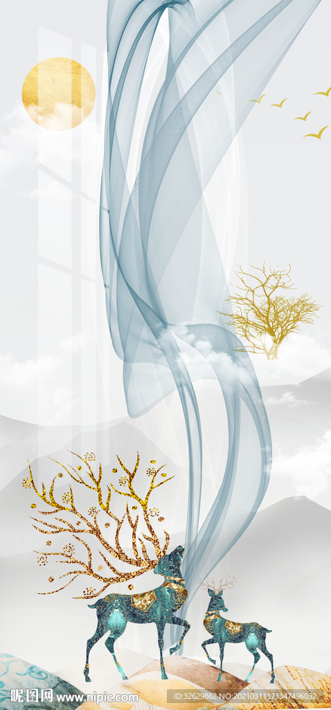 装饰画现代轻奢玄关画山水鹿挂画