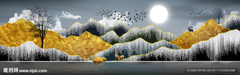 麋鹿山水玄关三联画