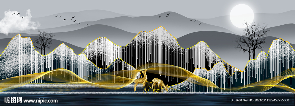 线条山水麋鹿晶瓷画