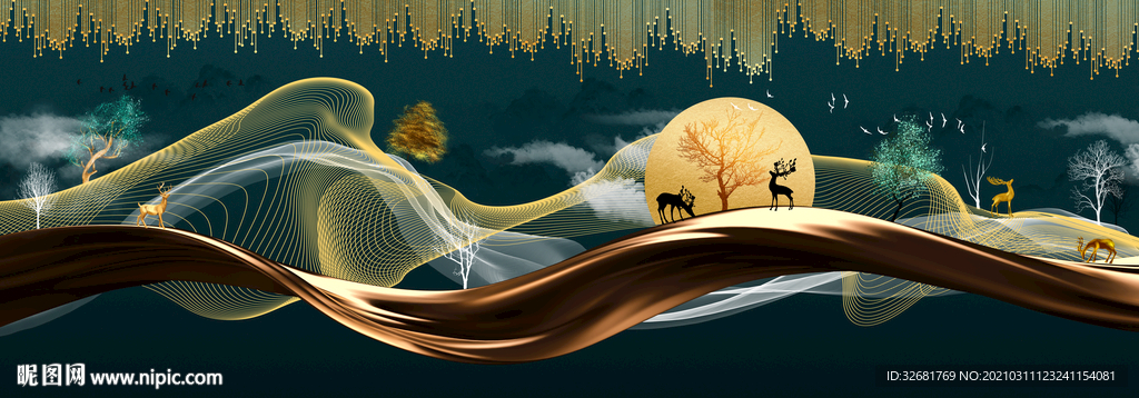 线条山水麋鹿晶瓷画