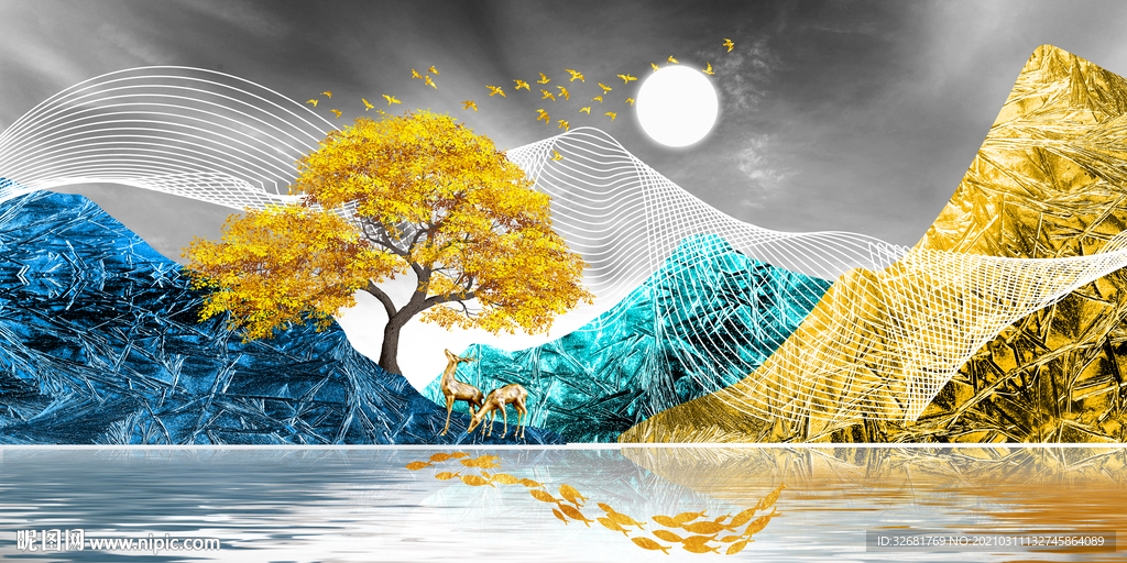 抽象麋鹿山水画