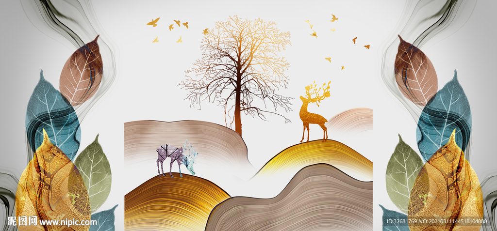 麋鹿树叶装饰画