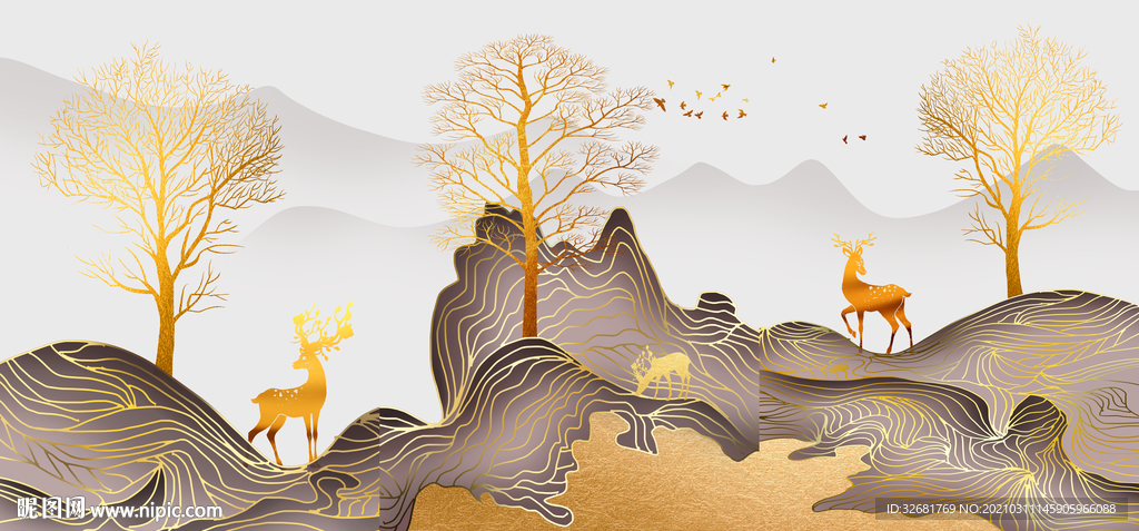 麋鹿装饰画玄关三联画