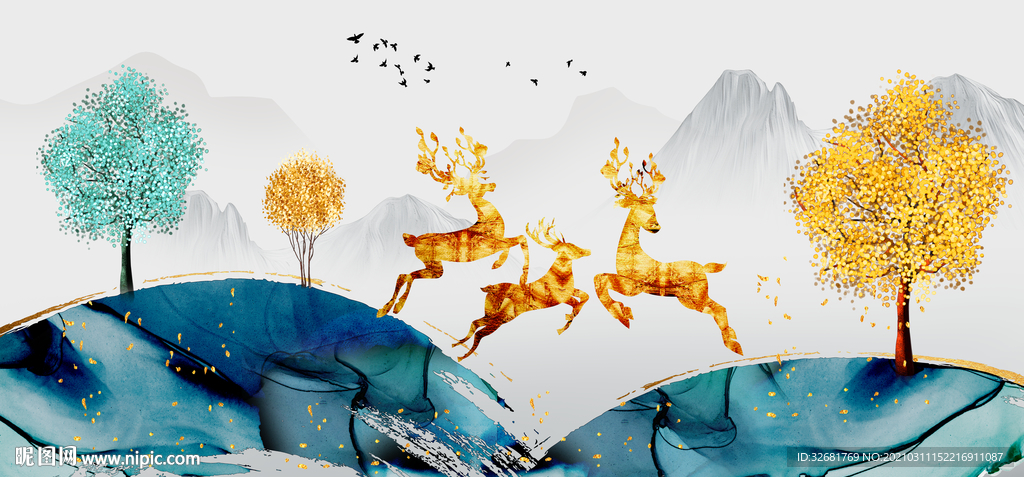 麋鹿三联画玄关