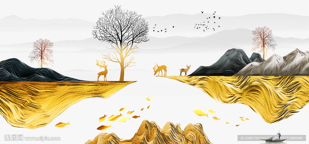 麋鹿山水晶瓷画