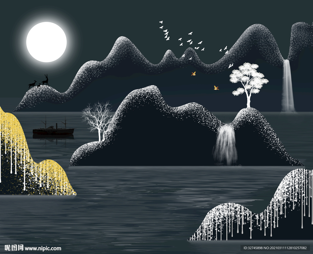 黑夜山水画晶瓷画