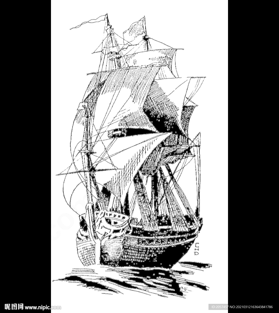 船 手绘 欧式 图案 黑白
