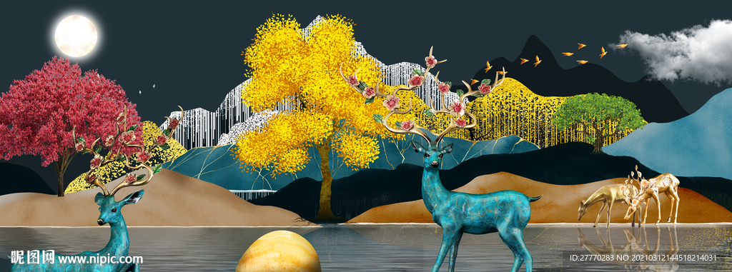 麋鹿发财树山水画