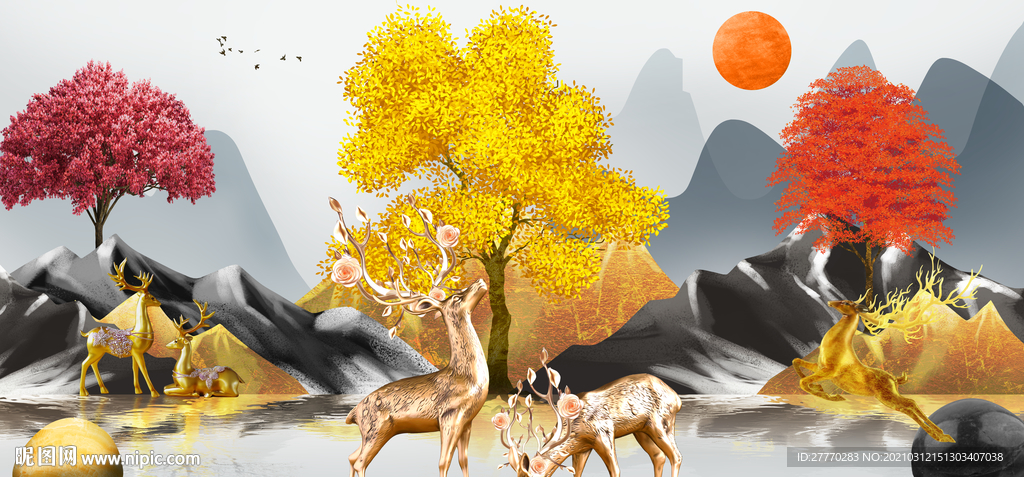 发财树麋鹿装饰画