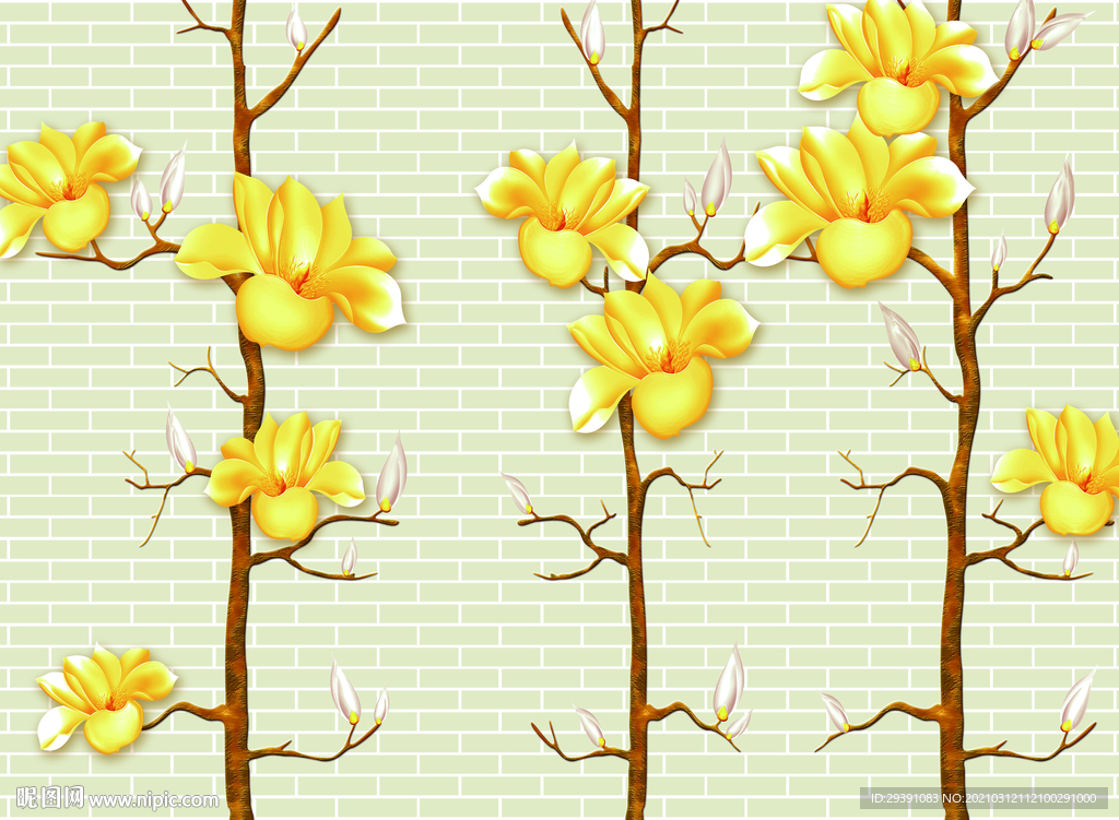 百合玉兰花卉砖墙背景墙图片