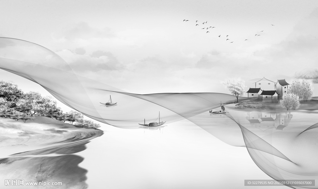 江南山水水墨画 文件分层画