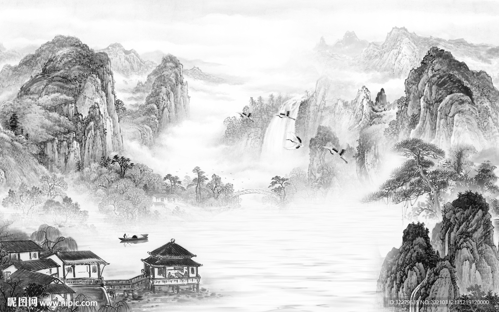 别墅山水画背景 文件分层画