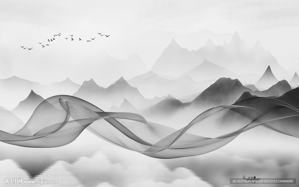 中式山水水墨画 文件分层画