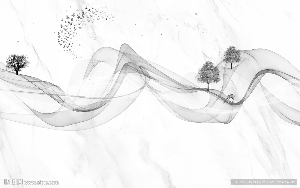 线条山水画背景 文件分层画