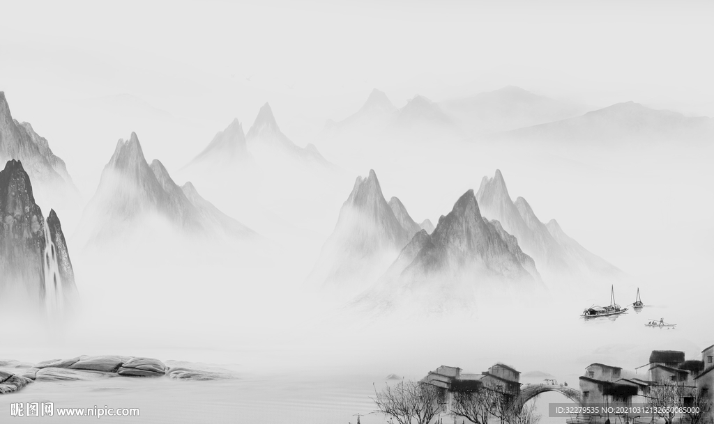 高清山水画背景 文件分层画