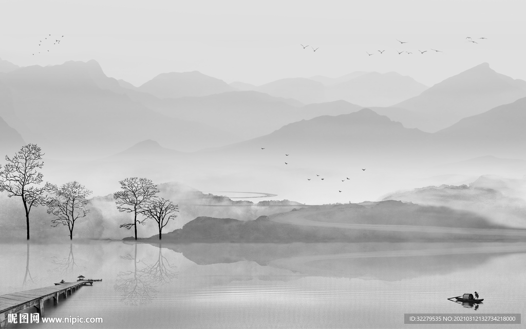 人气山水画背景 文件分层画