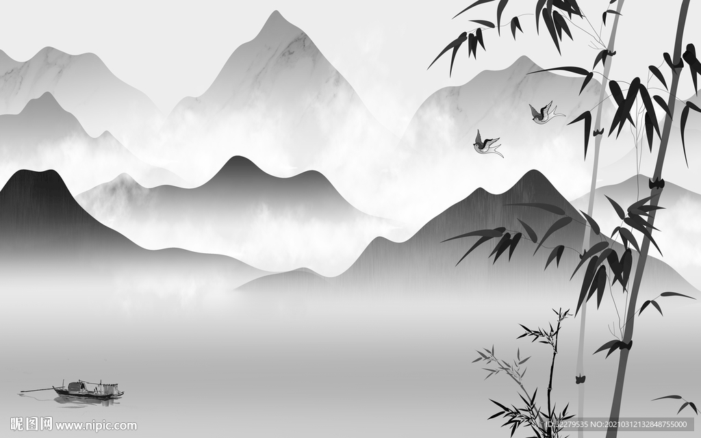 新中式山水画背景 文件分层画