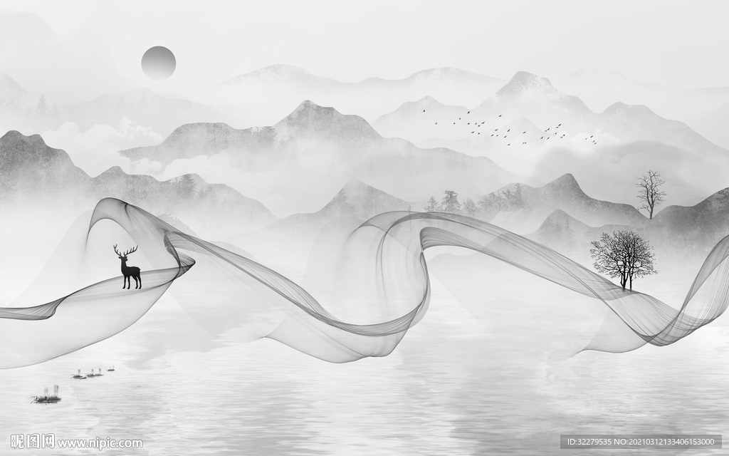 现代 山水画背景 文件分层画