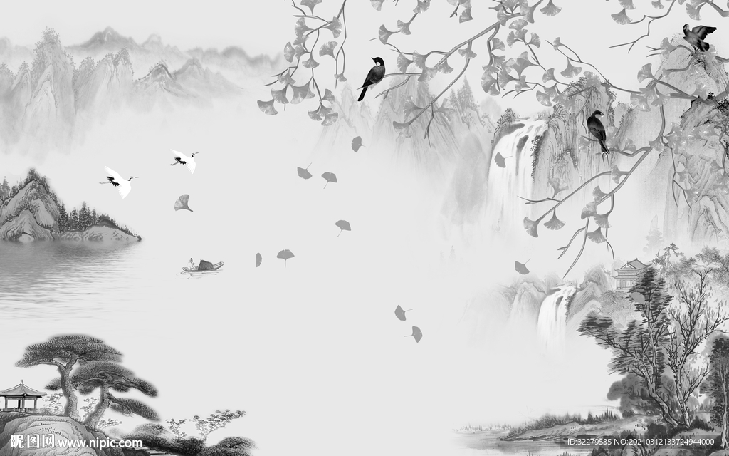 新品山水画电视墙 文件分层画