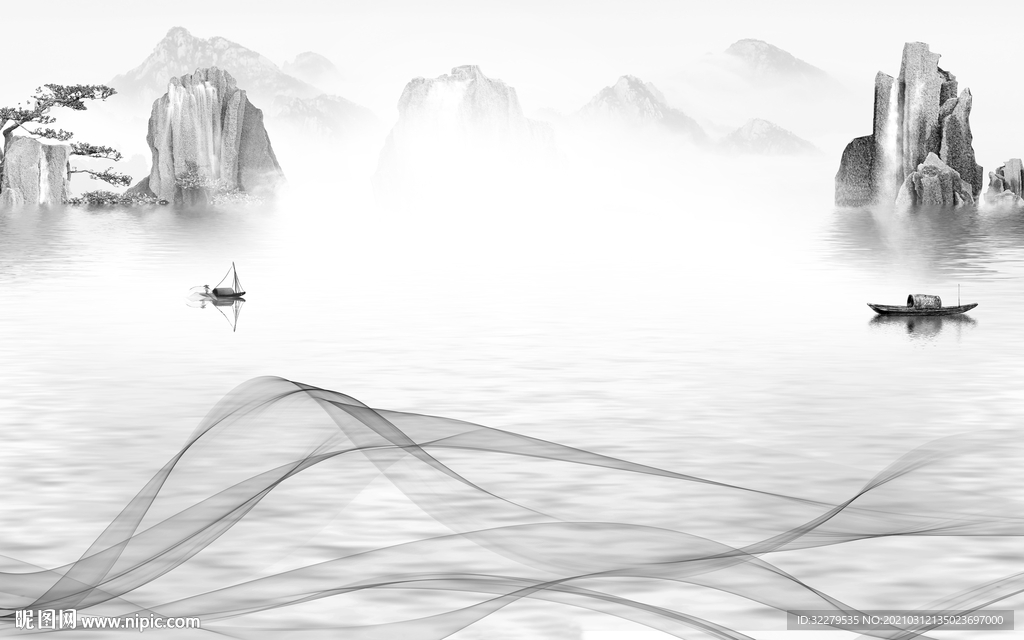 爆款山水画电视墙 文件分层画