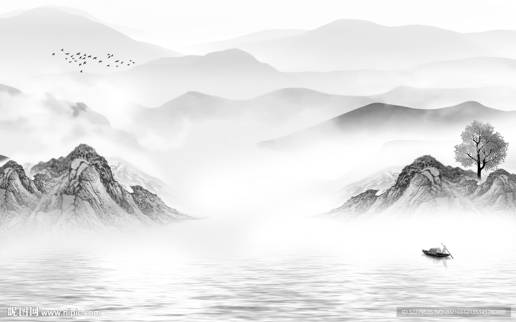 客厅山水画电视墙 文件分层画