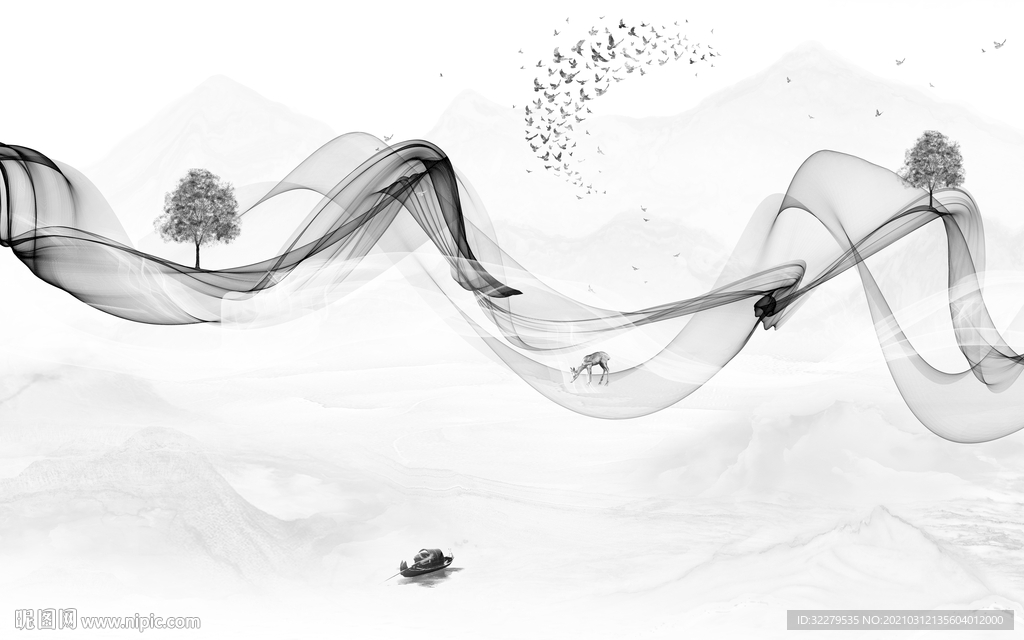 线条背景墙山水画 文件分层画