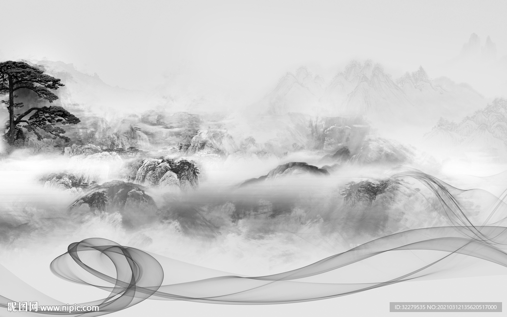 高雅山水画电视墙 文件分层画