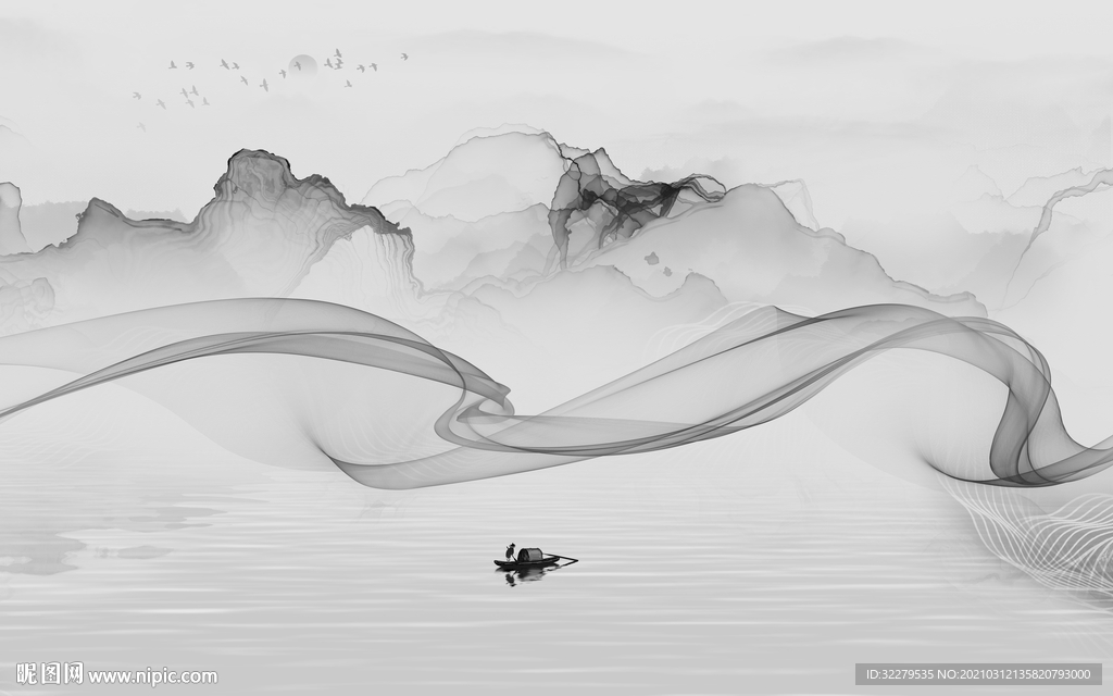 高档山水画电视墙 文件分层画