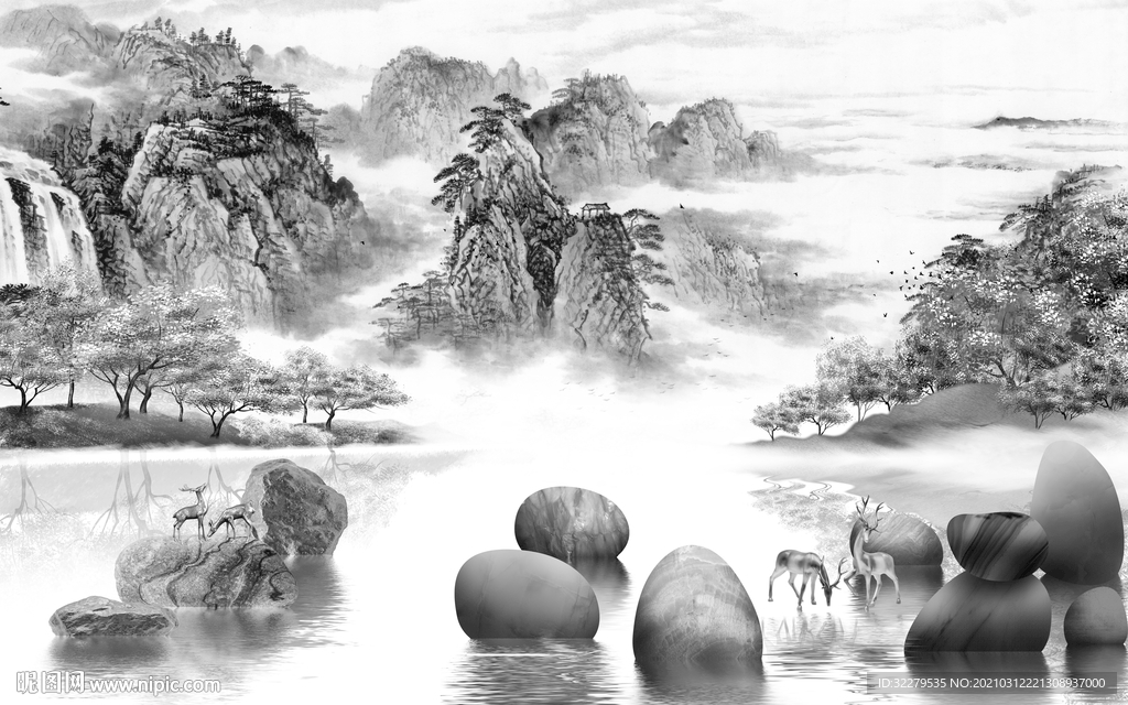 爆款山水电视背景 文件分层画