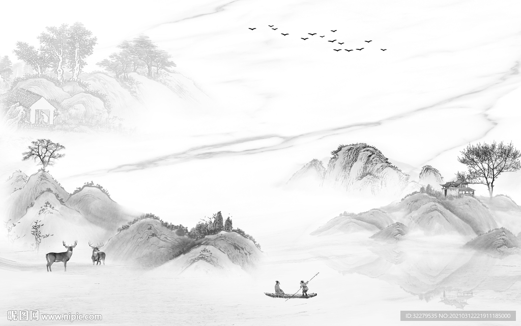 灰色山水电视背景 文件分层画