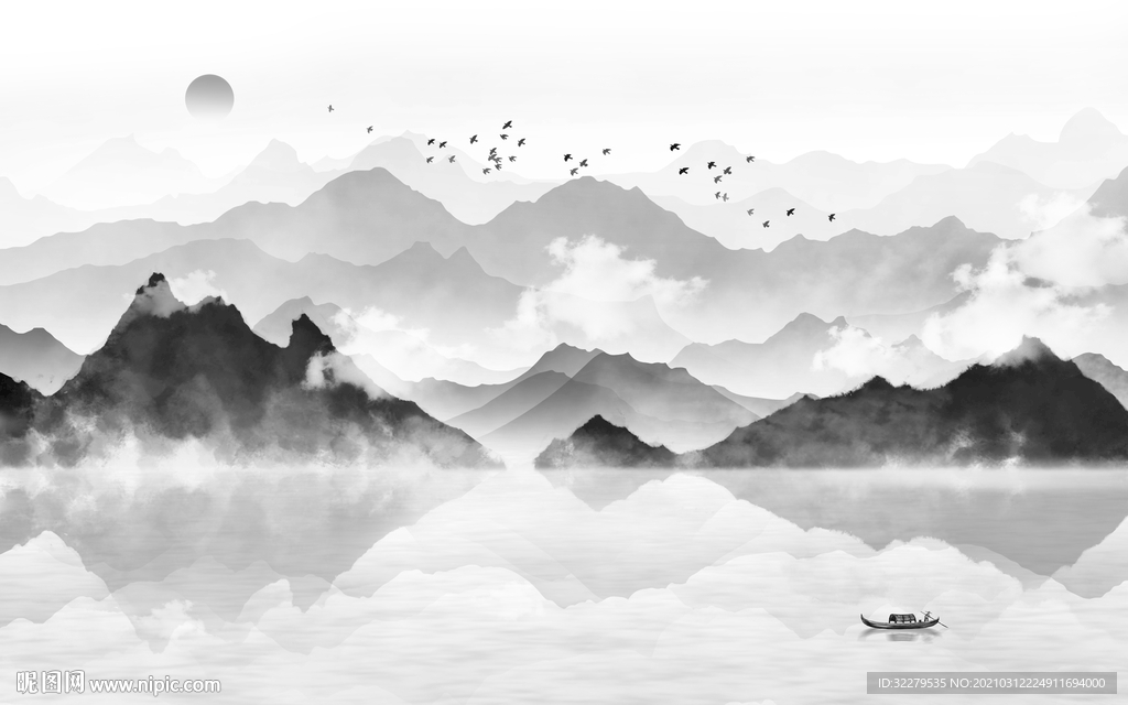 新中式山水电视背景 文件分层画