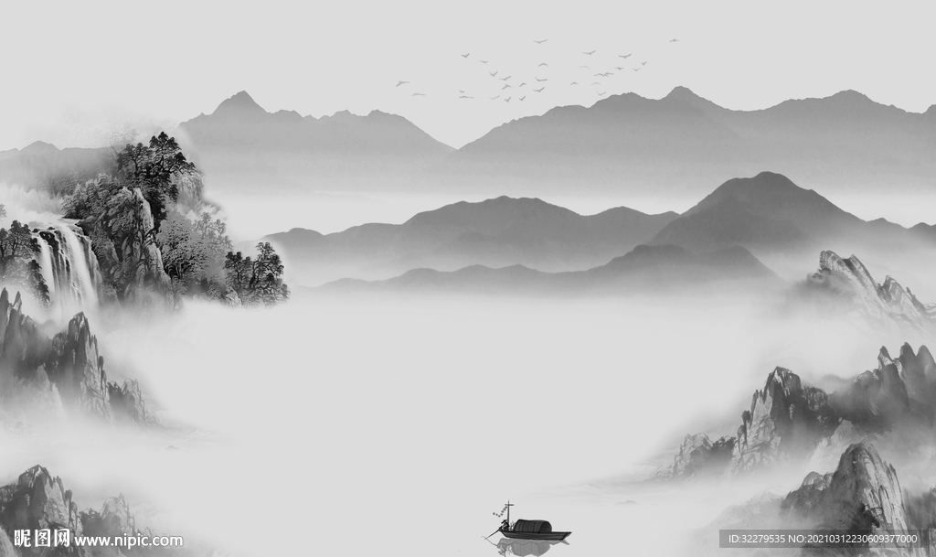 背景墙新山水无框画 文件分层画