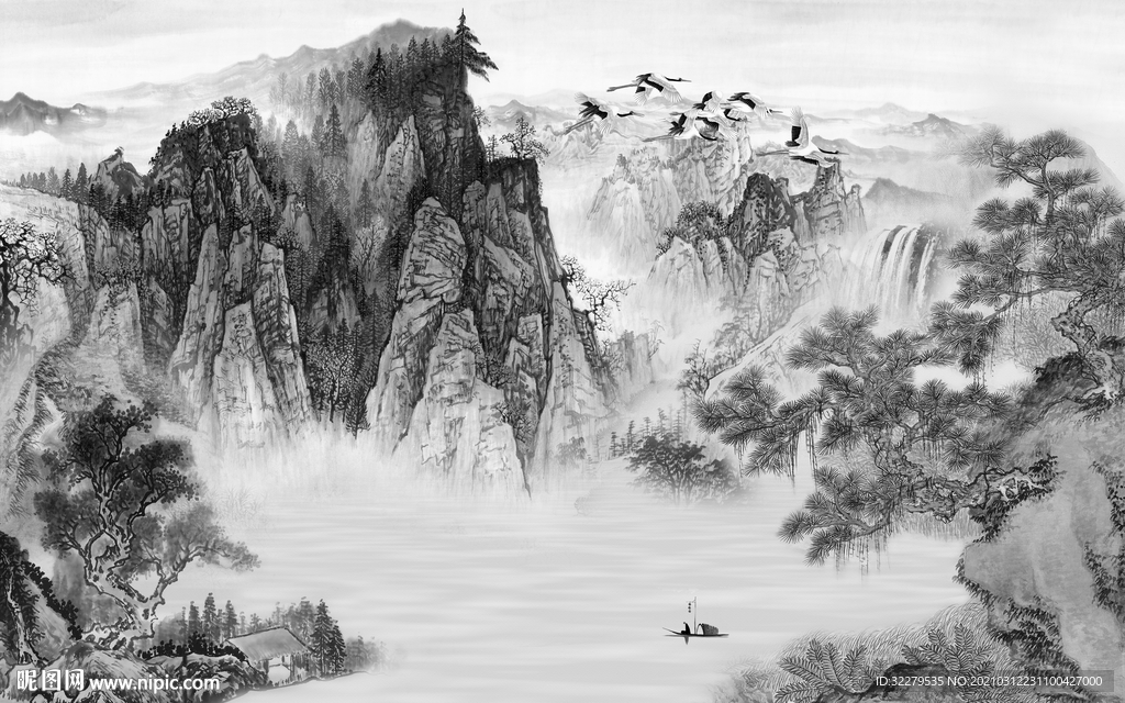 灰色新山水无框画 文件分层画