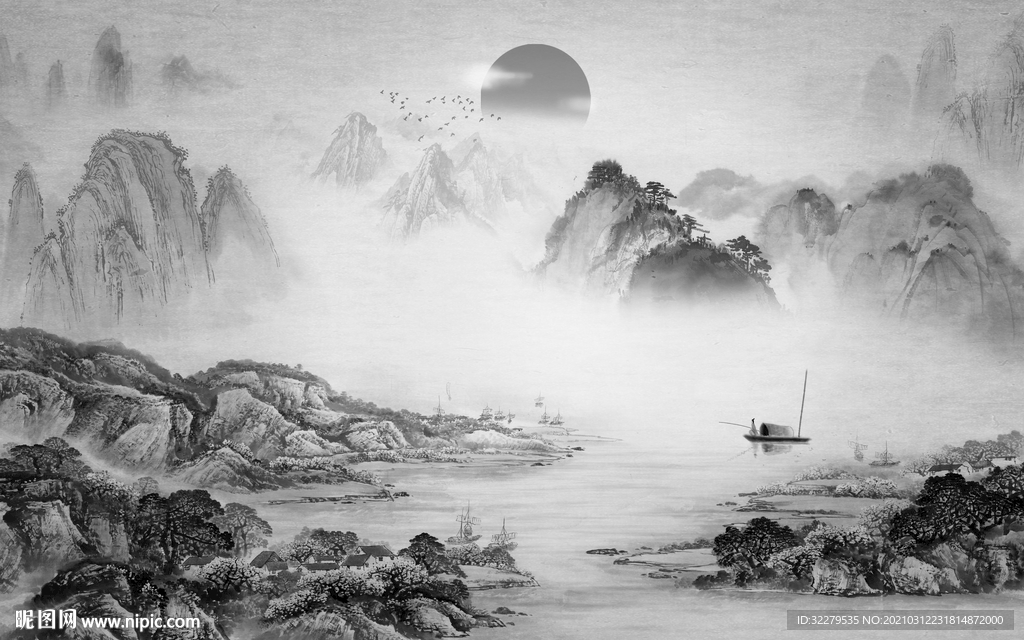 爆款新山水无框画 文件分层画