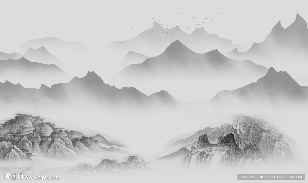 高清新山水无框画 文件分层画