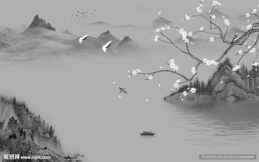 花鸟新山水无框画 文件分层画