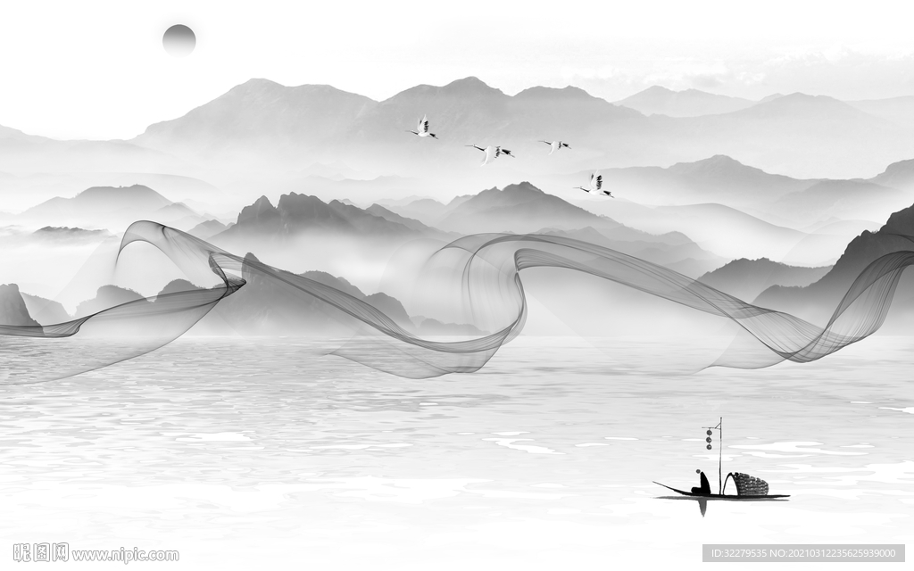 山水人气水墨画 文件分层画