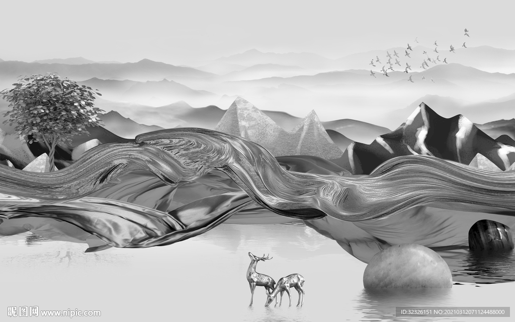 麋鹿新山水意境画 TIF分层